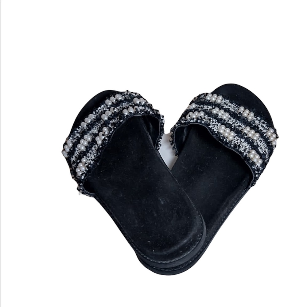 Black Slides with Faux Pearl Accents Size 38 Made in Spain